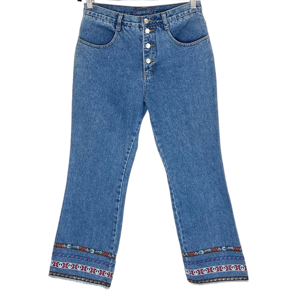 Vintage Y2K Zanadi High Rise Button Fly Peace Floral Hem Bootcut Jeans 11/12